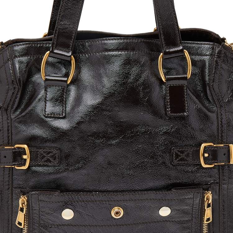 Pre Owned Saint Laurent Dark Brown Patent Leather Medium Downtown Tote