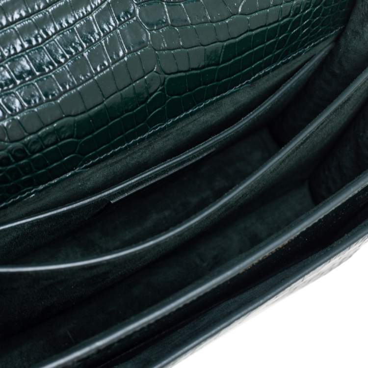 Pre Owned Saint Laurent Green Croc Embossed Leather Medium Sunset Shoulder Bag
