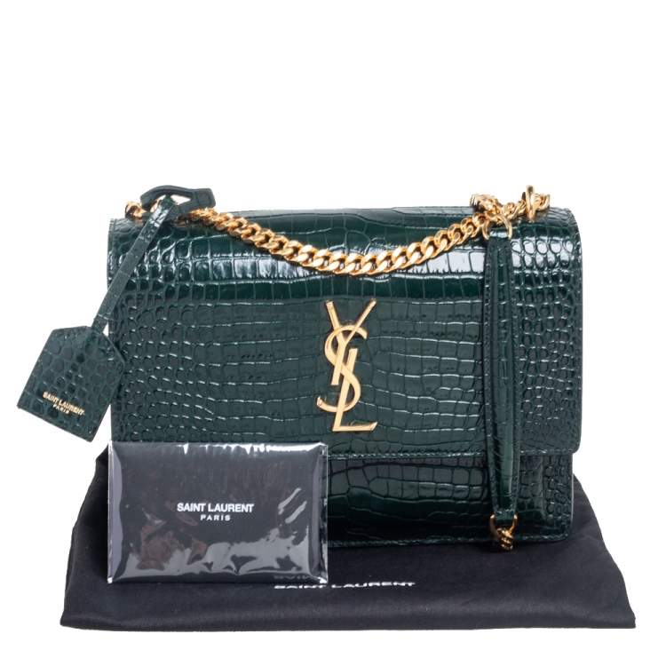 Pre Owned Saint Laurent Green Croc Embossed Leather Medium Sunset Shoulder Bag
