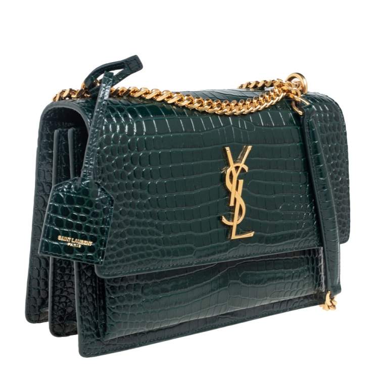 Pre Owned Saint Laurent Green Croc Embossed Leather Medium Sunset Shoulder Bag