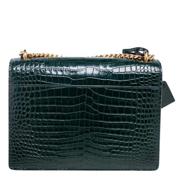 Pre Owned Saint Laurent Green Croc Embossed Leather Medium Sunset Shoulder Bag
