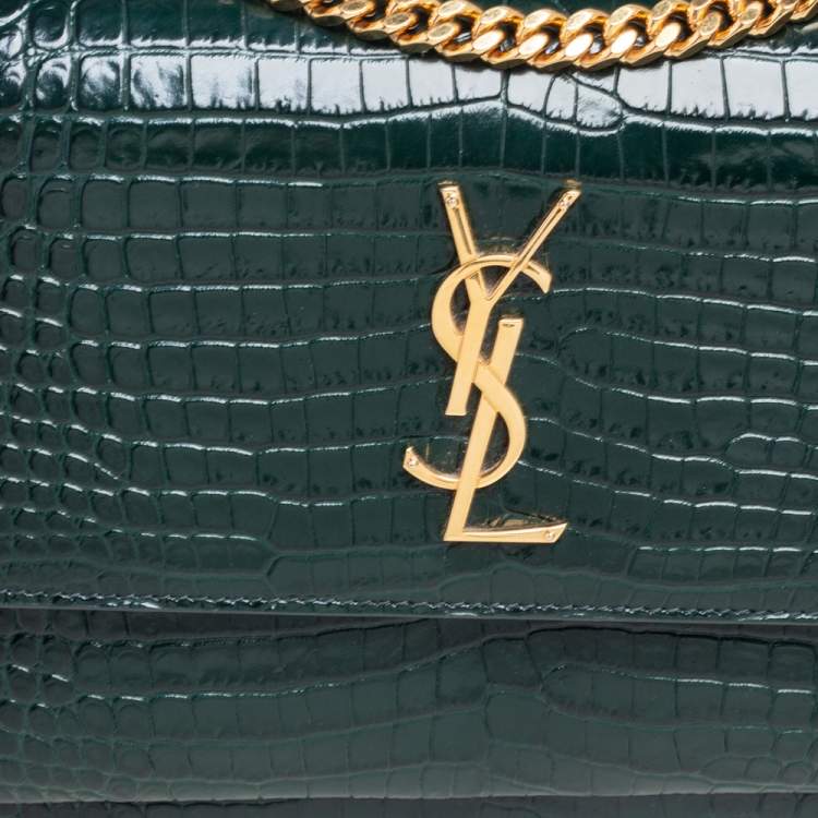 Pre Owned Saint Laurent Green Croc Embossed Leather Medium Sunset Shoulder Bag