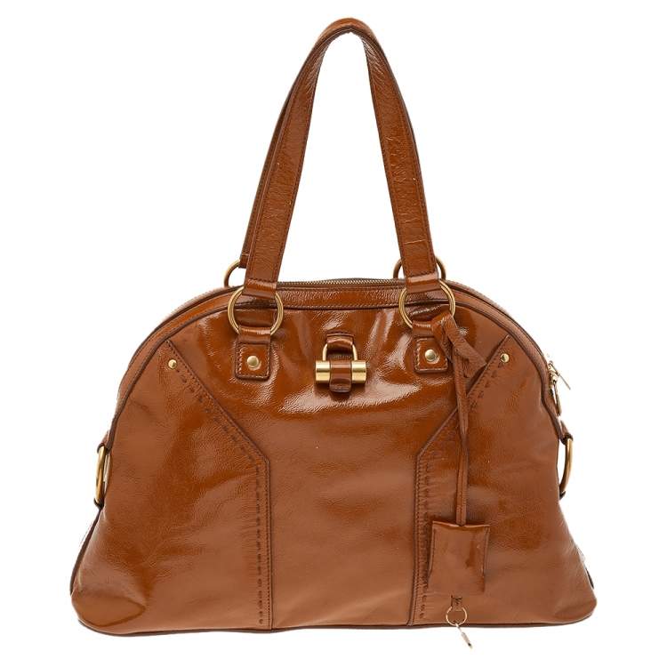 مملوكة مسبقًا Saint Laurent Brown Patent Leather Muse Satchel