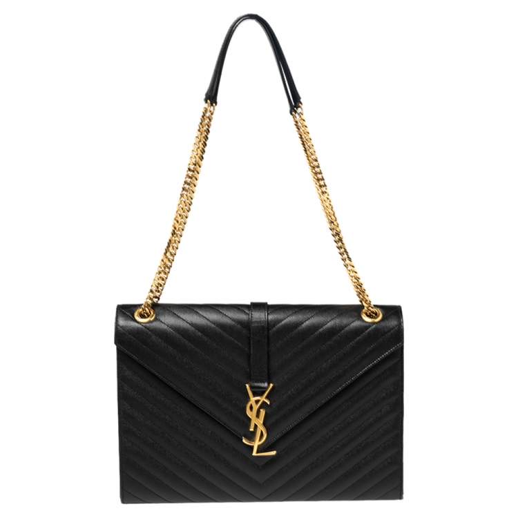 Pre Owned Saint Laurent Black Matelassé Leather Monogram Envelope Shoulder Bag