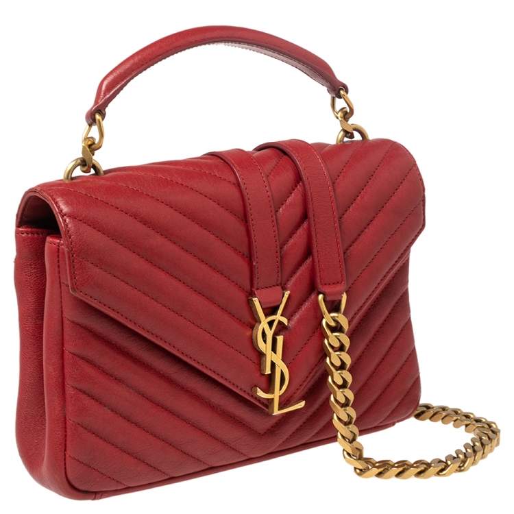 Pre Owned Saint Laurent Red Matelassé Leather Medium College Top Handle Bag