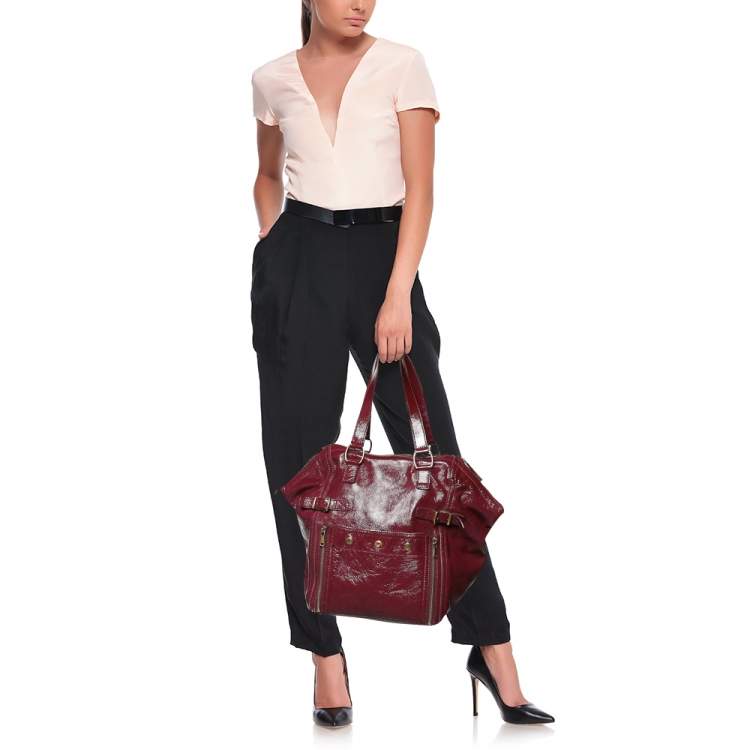 Pre Owned Saint Laurent Burgundy Patent Leather Medium Downtown Tote