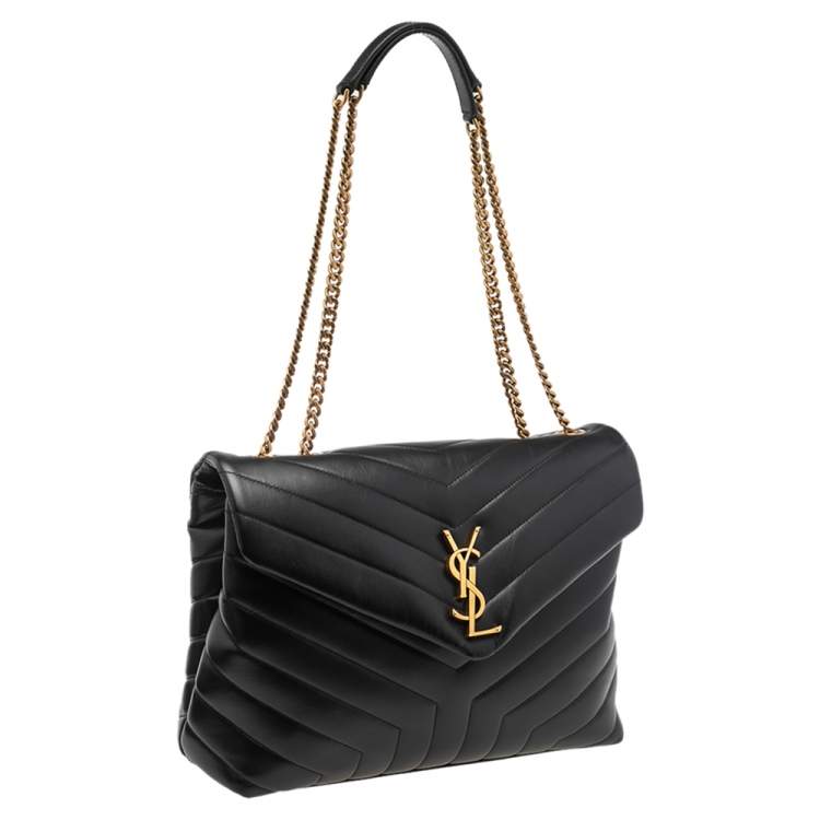 Pre Owned Saint Laurent Black Matelassé Leather Medium Loulou Shoulder Bag