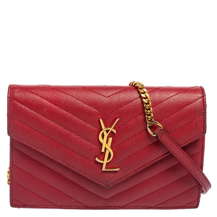 Ysl Red Grainy Leather Wallet on Chain