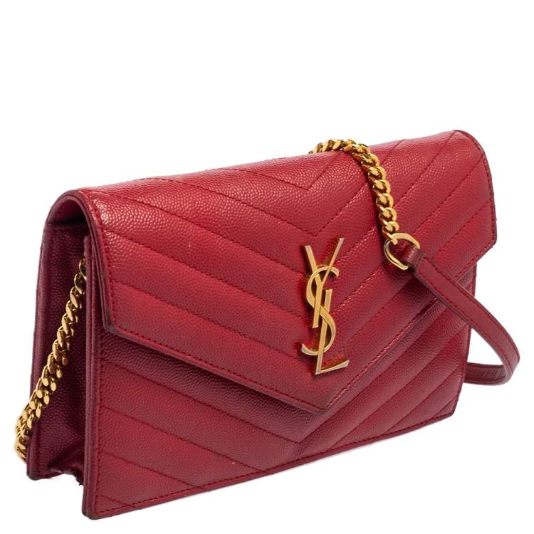 Pre Owned Saint Laurent Red Leather Monogram Wallet on Chain