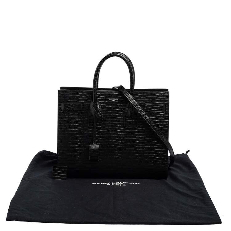 Pre Owned Saint Laurent Black Lizard Embossed Leather Small Classic Sac De Jour Tote