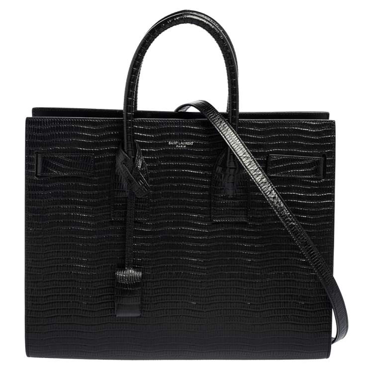 Pre Owned Saint Laurent Black Lizard Embossed Leather Small Classic Sac De Jour Tote