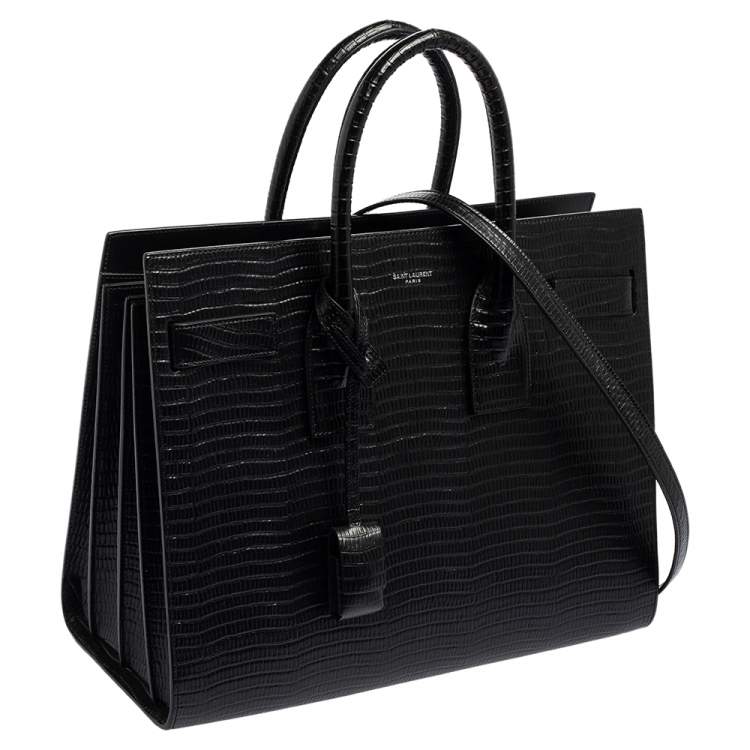 Pre Owned Saint Laurent Black Lizard Embossed Leather Small Classic Sac De Jour Tote