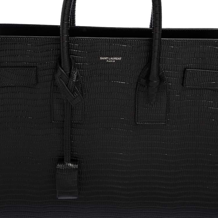 Pre Owned Saint Laurent Black Lizard Embossed Leather Small Classic Sac De Jour Tote