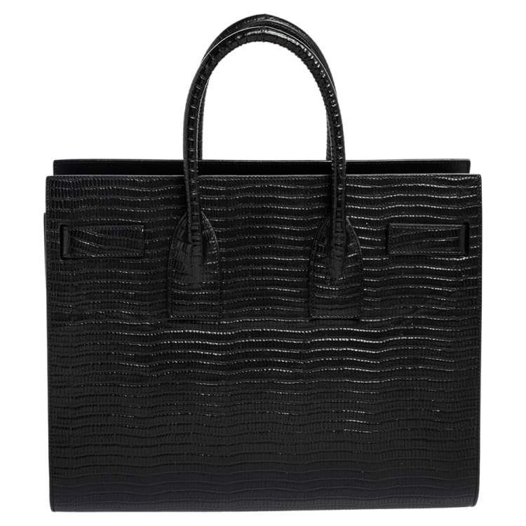 Pre Owned Saint Laurent Black Lizard Embossed Leather Small Classic Sac De Jour Tote