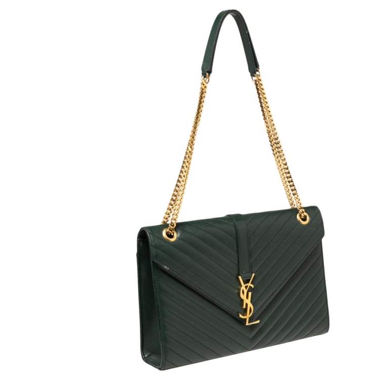 Pre Owned Saint Laurent Green Matelassé Leather Monogram Envelope Shoulder Bag