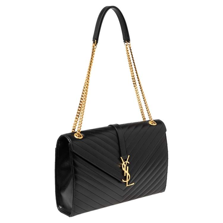 Pre Owned Saint Laurent Black Matelassé Leather Monogram Envelope Shoulder Bag