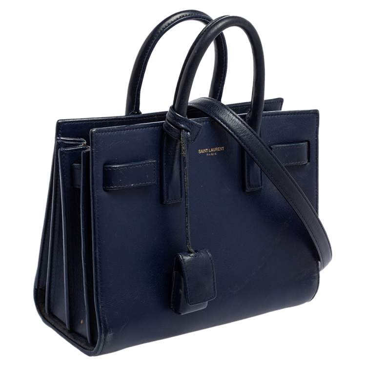 Pre Owned Saint Laurent Dark Blue Leather Nano Classic Sac De Jour Tote