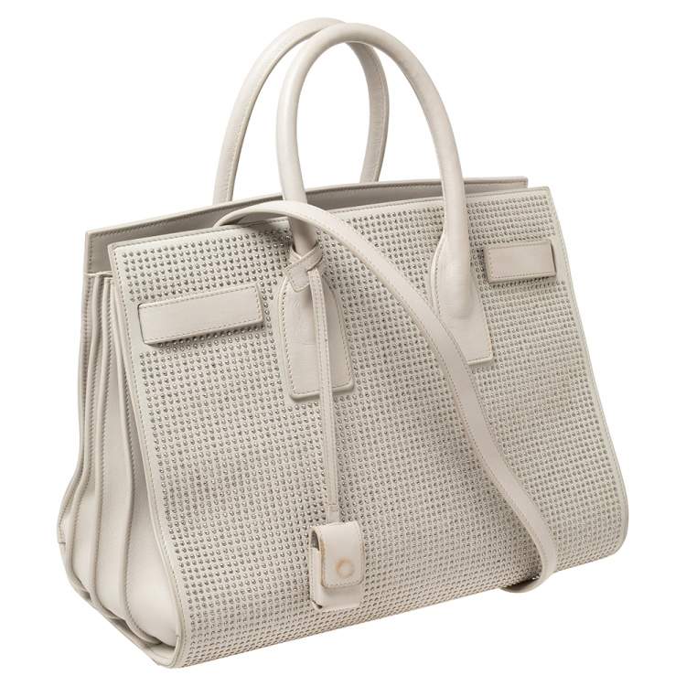 Pre Owned Saint Laurent Off White Leather Small Studded Classic Sac De Jour Tote
