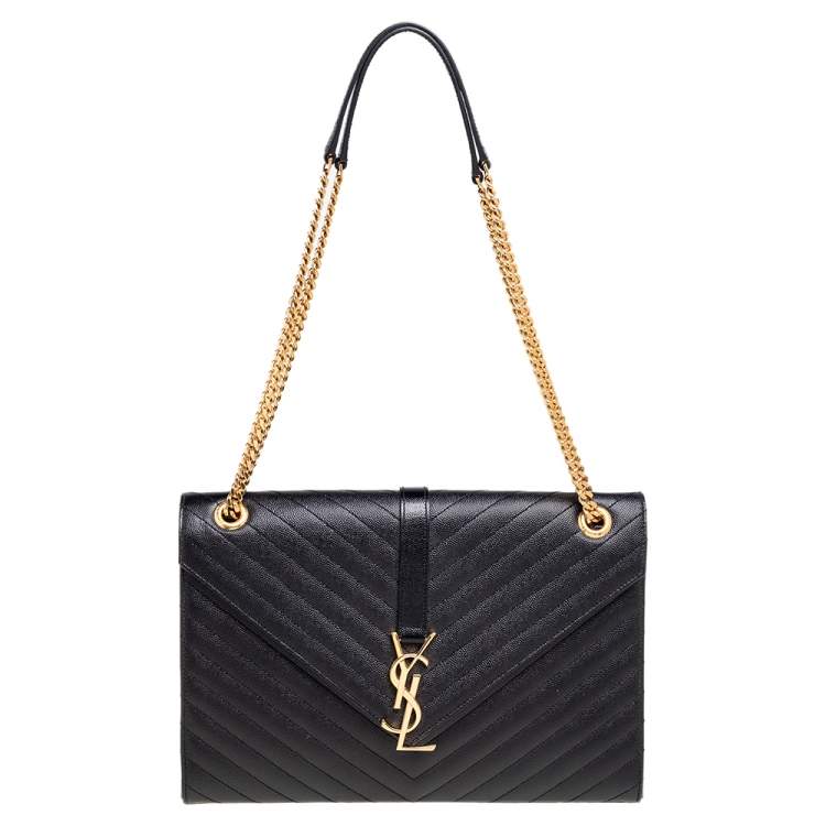 Pre Owned Saint Laurent Black Matelassé Leather Large Monogram Envelope Shoulder Bag