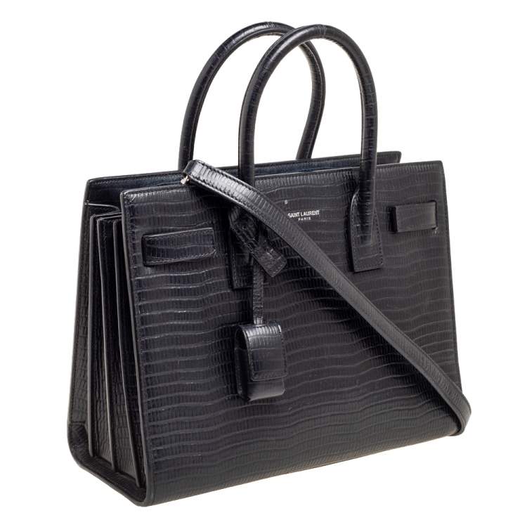 Pre Owned Saint Laurent Black Lizard Embossed Leather Baby Classic Sac De Jour Tote