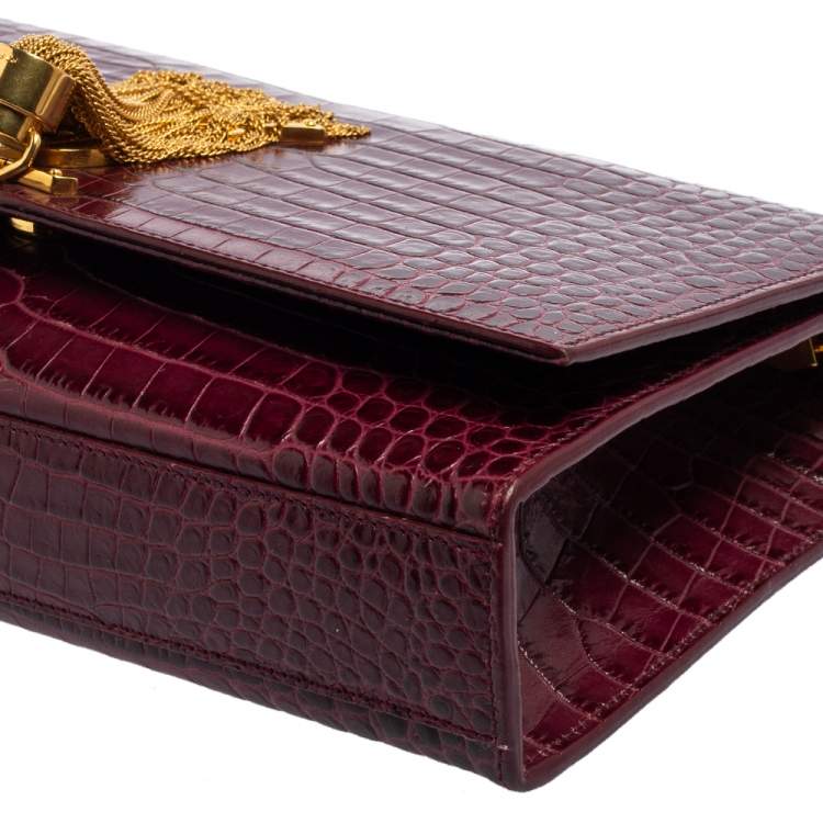 Pre Owned Saint Laurent Burgundy Croc Embossed Leather Medium Kate Tassel Shoulder Bag