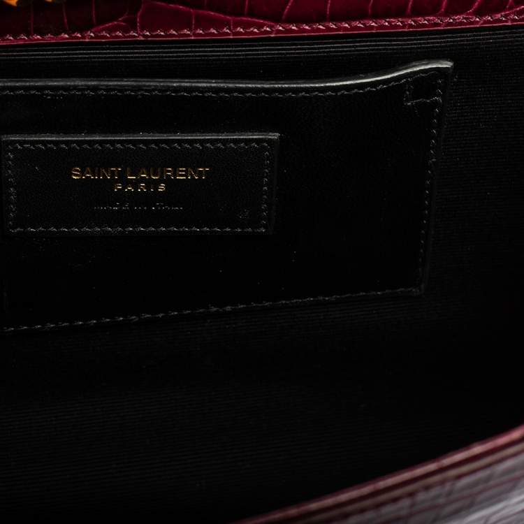 Pre Owned Saint Laurent Burgundy Croc Embossed Leather Medium Kate Tassel Shoulder Bag