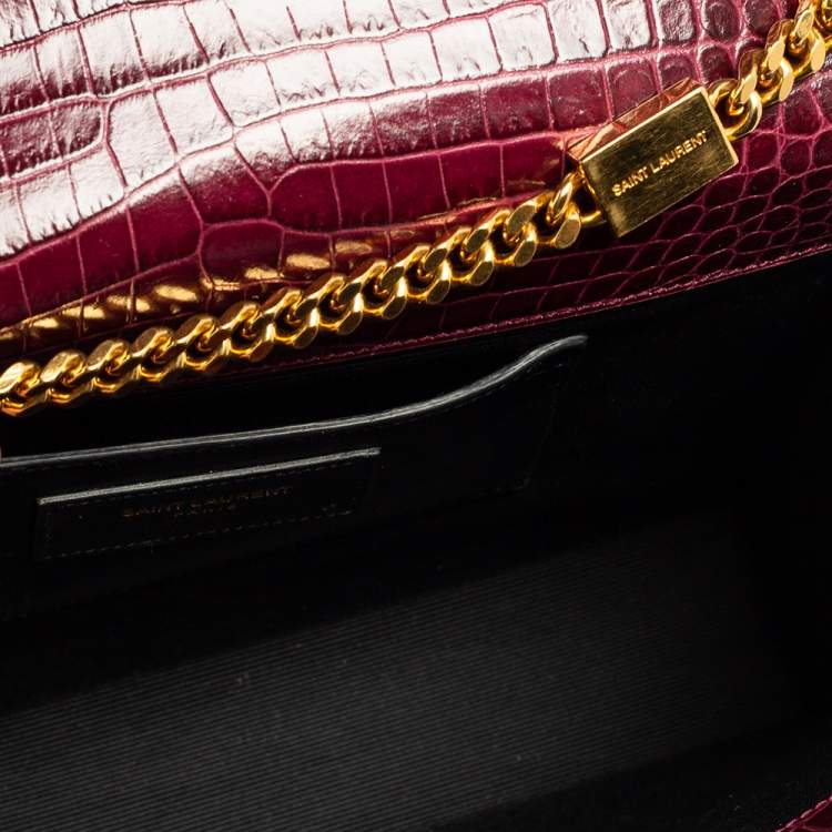 Pre Owned Saint Laurent Burgundy Croc Embossed Leather Medium Kate Tassel Shoulder Bag