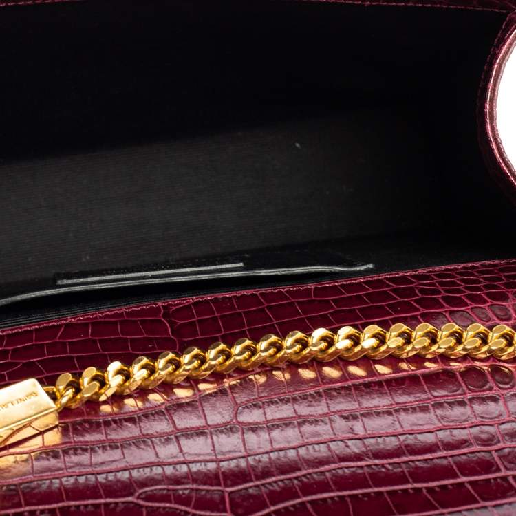 Pre Owned Saint Laurent Burgundy Croc Embossed Leather Medium Kate Tassel Shoulder Bag