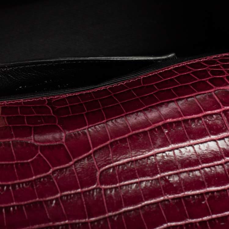 Pre Owned Saint Laurent Burgundy Croc Embossed Leather Medium Kate Tassel Shoulder Bag