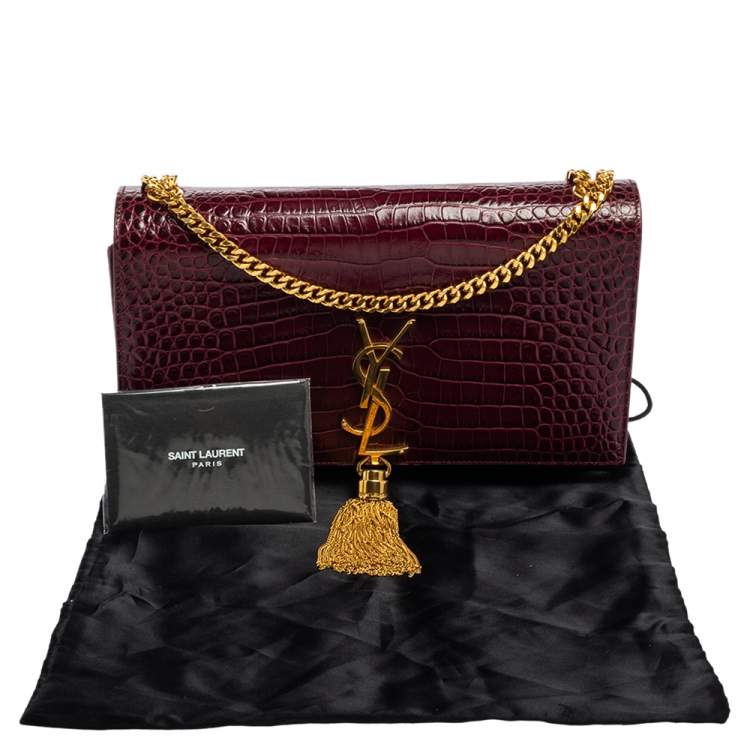 Pre Owned Saint Laurent Burgundy Croc Embossed Leather Medium Kate Tassel Shoulder Bag