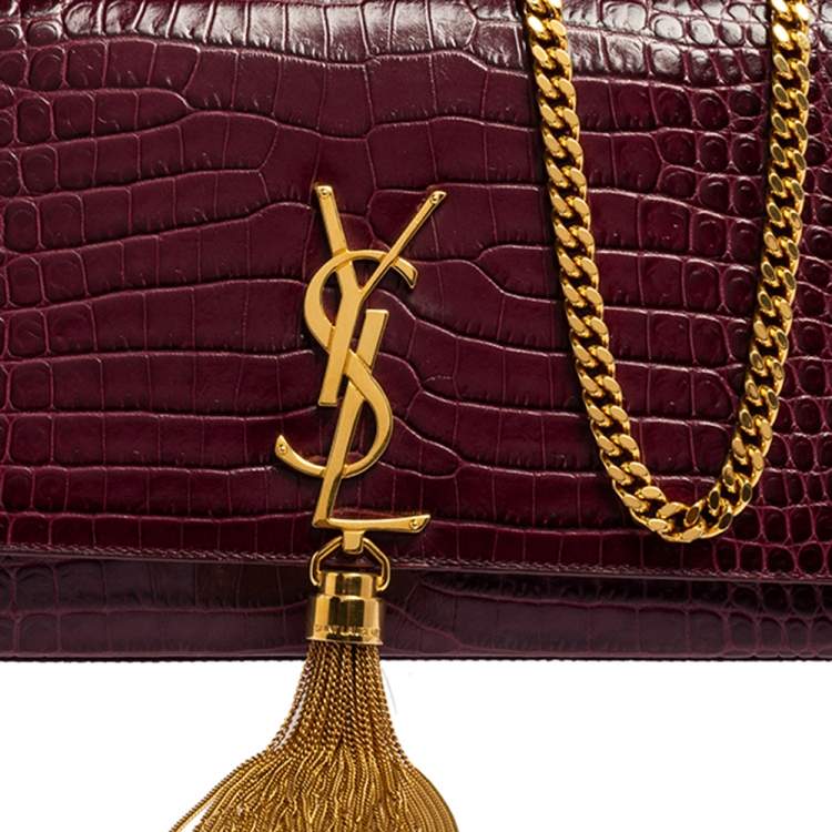 Pre Owned Saint Laurent Burgundy Croc Embossed Leather Medium Kate Tassel Shoulder Bag