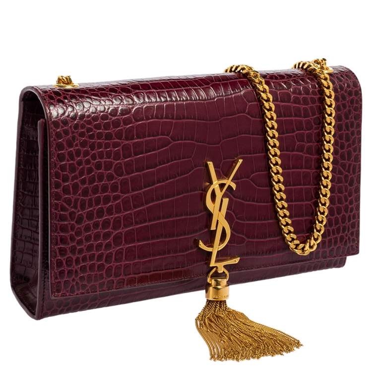 Pre Owned Saint Laurent Burgundy Croc Embossed Leather Medium Kate Tassel Shoulder Bag