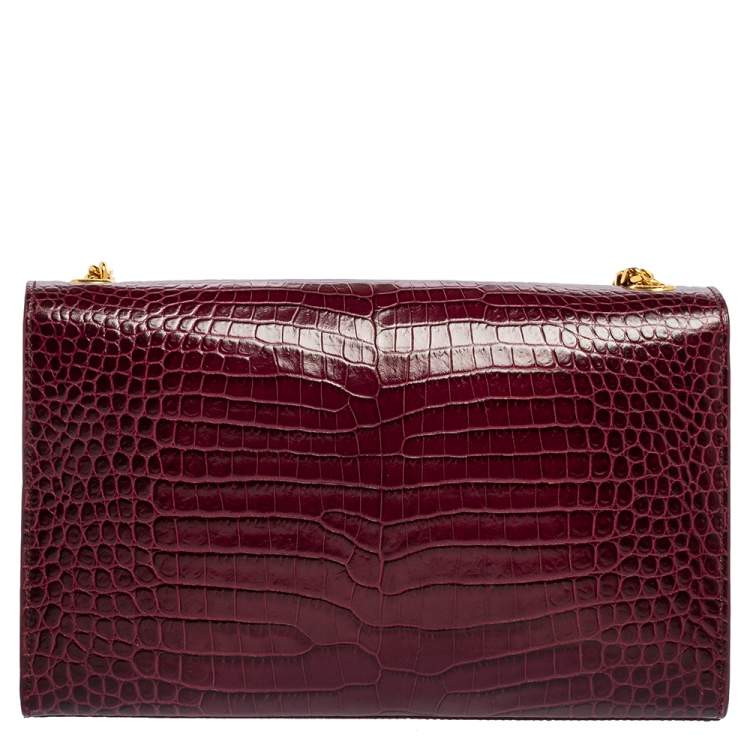 Pre Owned Saint Laurent Burgundy Croc Embossed Leather Medium Kate Tassel Shoulder Bag