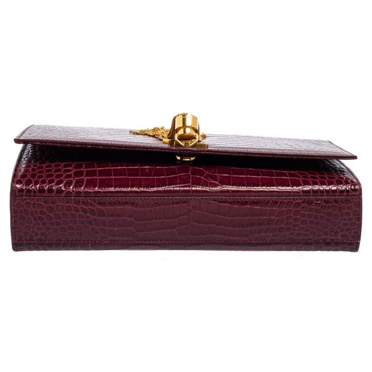 Pre Owned Saint Laurent Burgundy Croc Embossed Leather Medium Kate Tassel Shoulder Bag