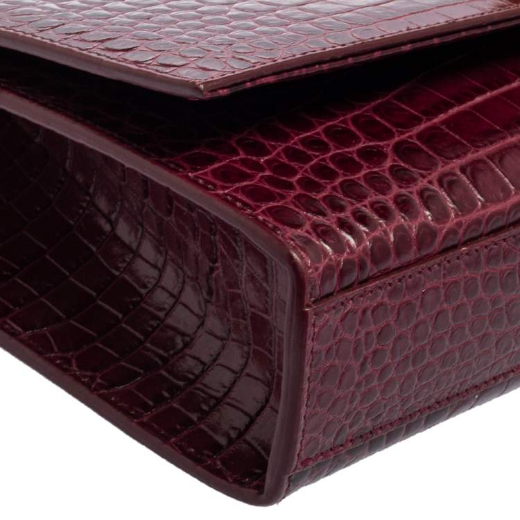 Pre Owned Saint Laurent Burgundy Croc Embossed Leather Medium Kate Tassel Shoulder Bag