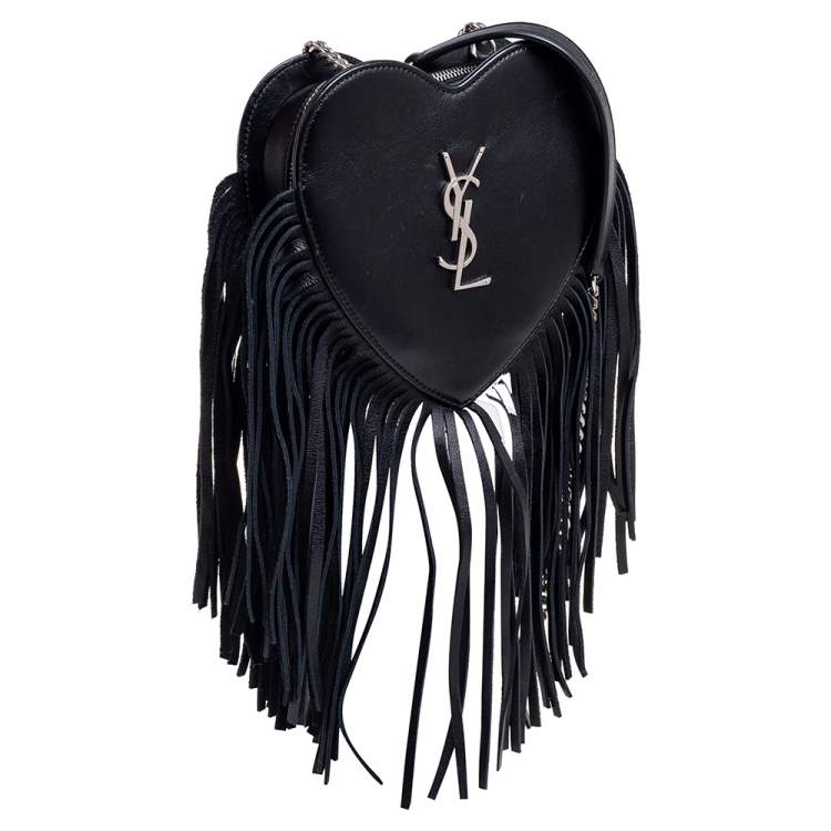 Pre Owned Saint Laurent Black Leather Monogram Heart Fringe Shoulder Bag