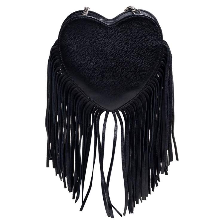 Pre Owned Saint Laurent Black Leather Monogram Heart Fringe Shoulder Bag