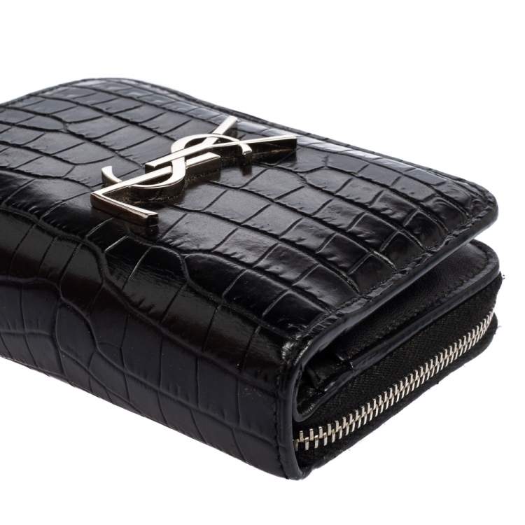 Pre Owned Saint Laurent Black Croc Embossed Leather Monogram Compact Wallet