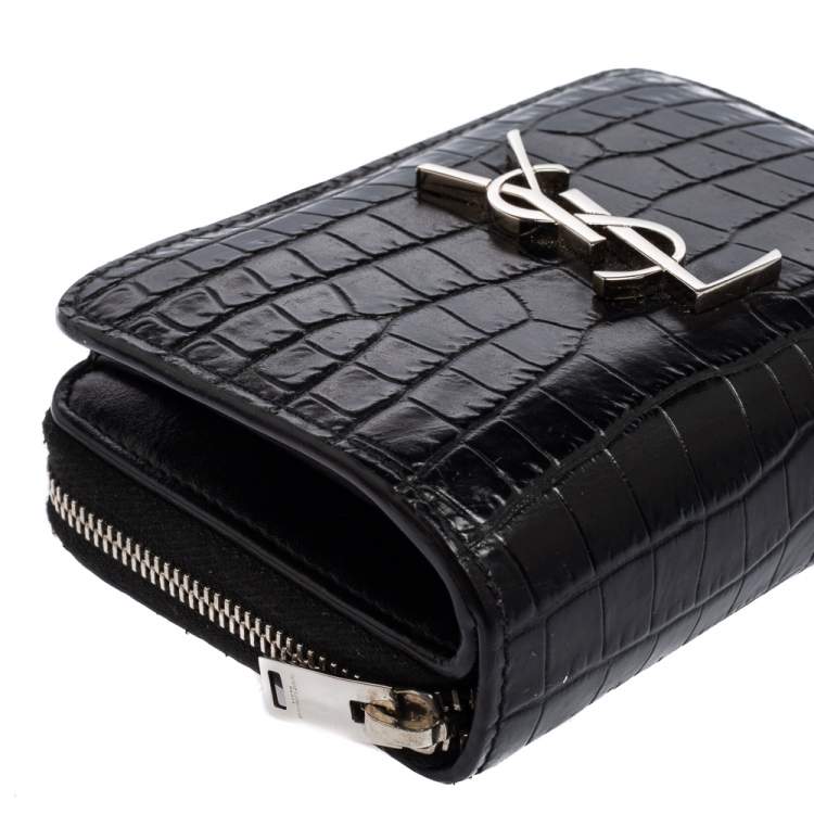 Pre Owned Saint Laurent Black Croc Embossed Leather Monogram Compact Wallet