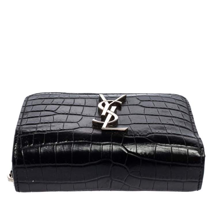 Pre Owned Saint Laurent Black Croc Embossed Leather Monogram Compact Wallet