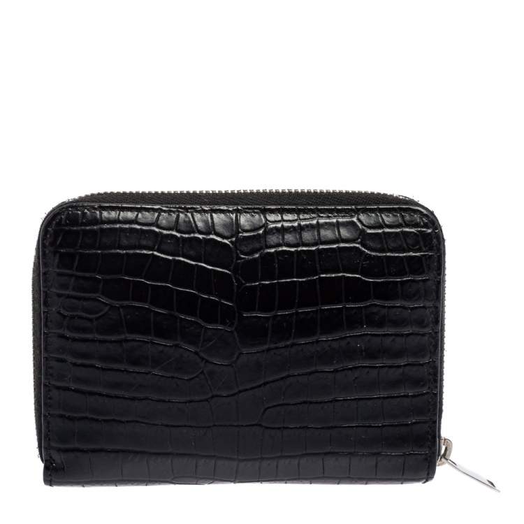 Pre Owned Saint Laurent Black Croc Embossed Leather Monogram Compact Wallet