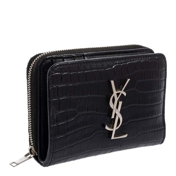 Pre Owned Saint Laurent Black Croc Embossed Leather Monogram Compact Wallet