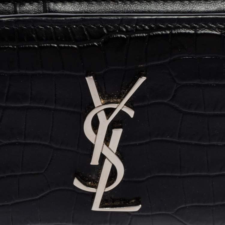 Pre Owned Saint Laurent Black Croc Embossed Leather Monogram Compact Wallet