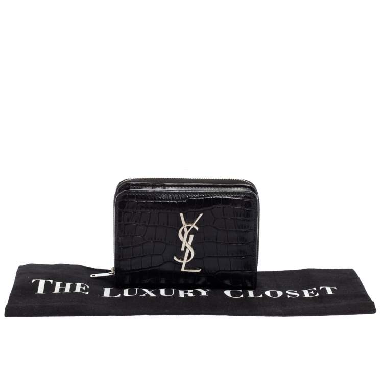 Pre Owned Saint Laurent Black Croc Embossed Leather Monogram Compact Wallet