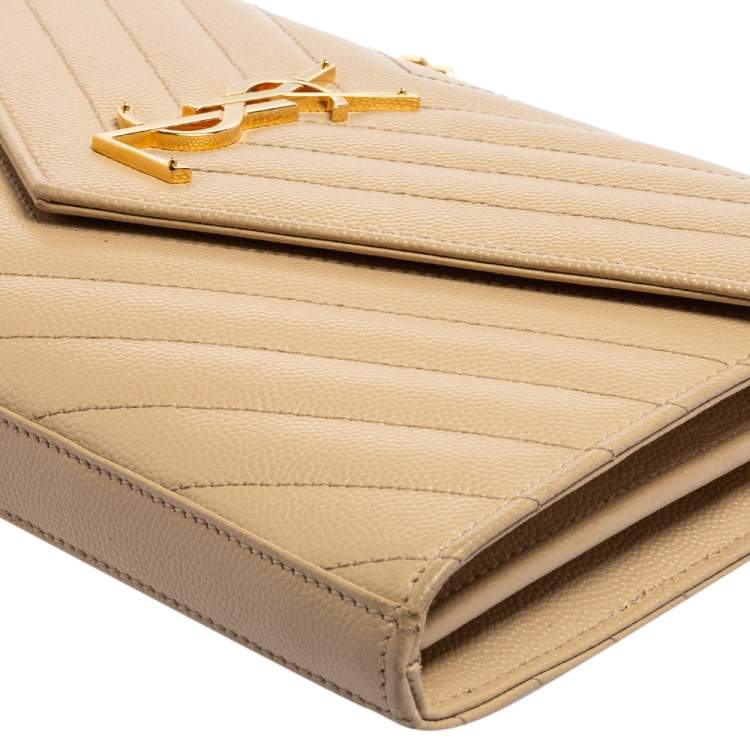Pre Owned Saint Laurent Beige Matelassé Leather Monogram Envelope Wallet on Chain