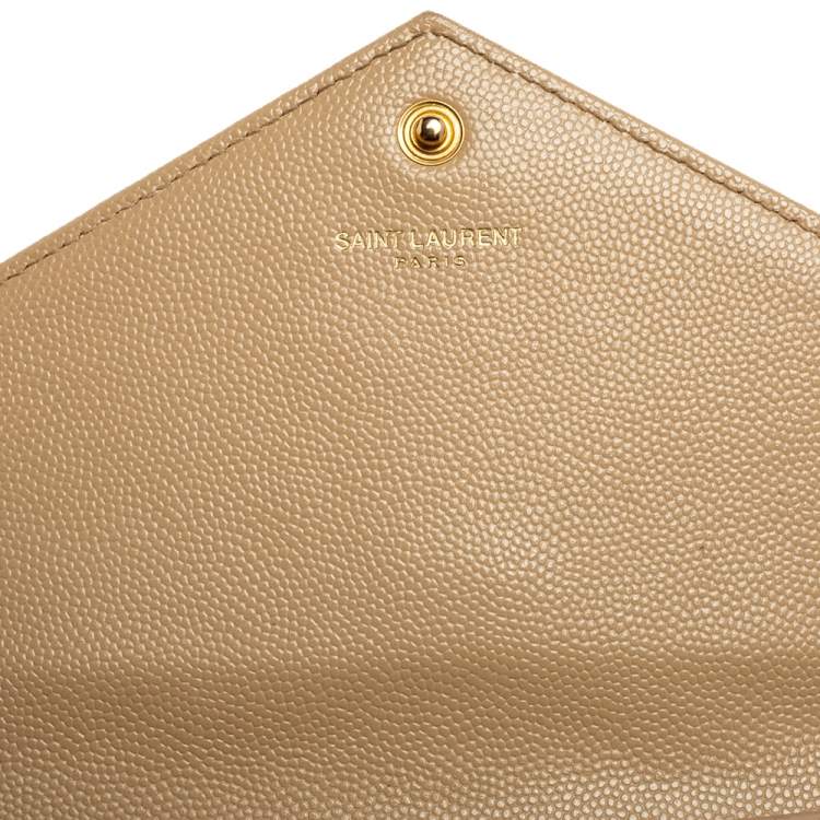 Pre Owned Saint Laurent Beige Matelassé Leather Monogram Envelope Wallet on Chain