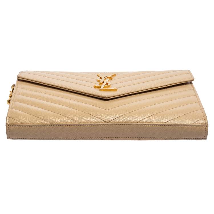 Pre Owned Saint Laurent Beige Matelassé Leather Monogram Envelope Wallet on Chain