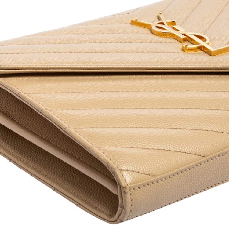Pre Owned Saint Laurent Beige Matelassé Leather Monogram Envelope Wallet on Chain