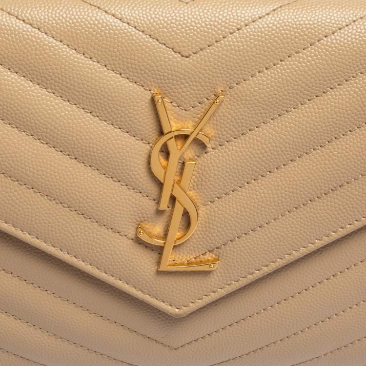 Pre Owned Saint Laurent Beige Matelassé Leather Monogram Envelope Wallet on Chain