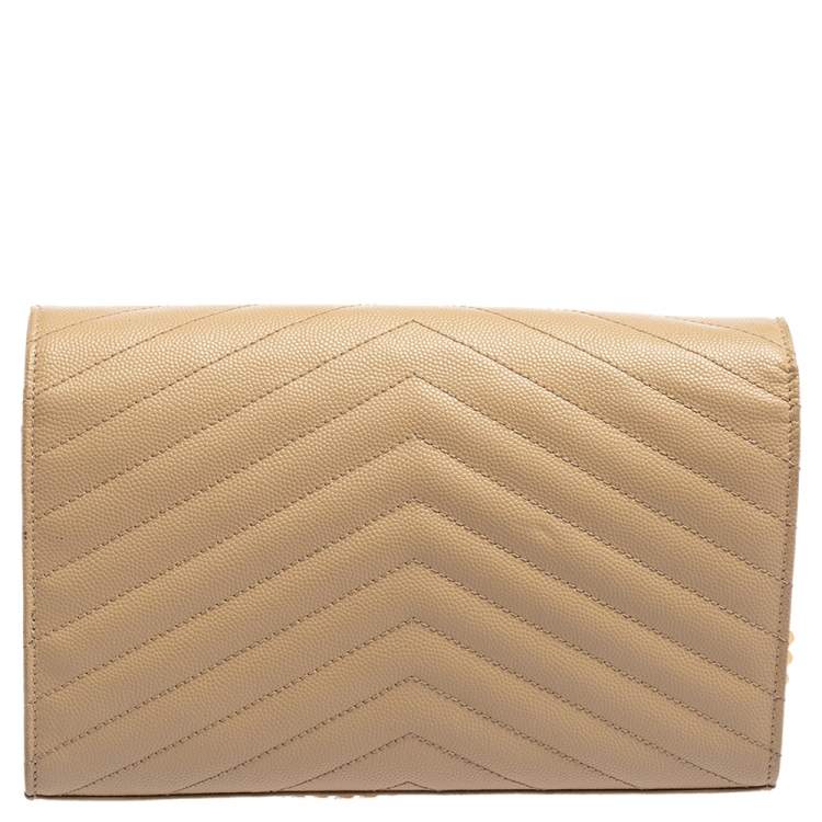 Pre Owned Saint Laurent Beige Matelassé Leather Monogram Envelope Wallet on Chain